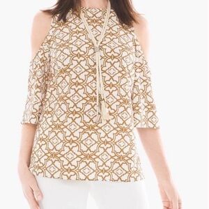 🆕 Chico’s cold shoulder crew neck lightweight blouse top white brown 2/m…